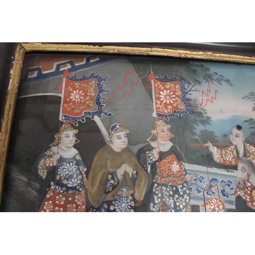 1005 - 19THC CHINESE REVERSE GLASS PAINTING a processional painting with a figure on horseback and various ... 