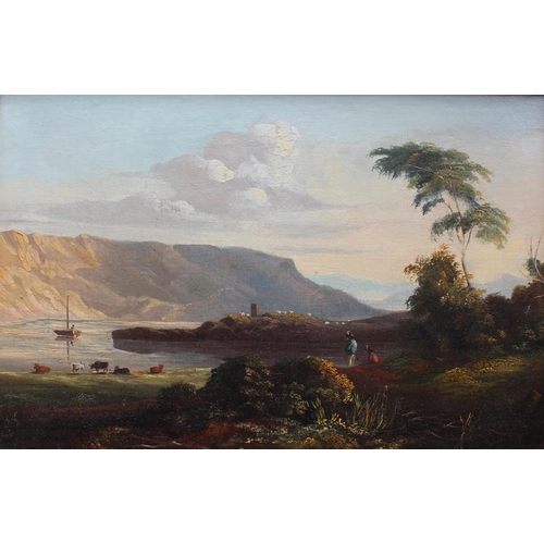 532 - ATTRIBUTED TO CAROLINE FANNY WILLIAMS (1836-1921) FIGURES AND CATTLE BY AN ESTUARY IN A MOUNTAINOUS ... 