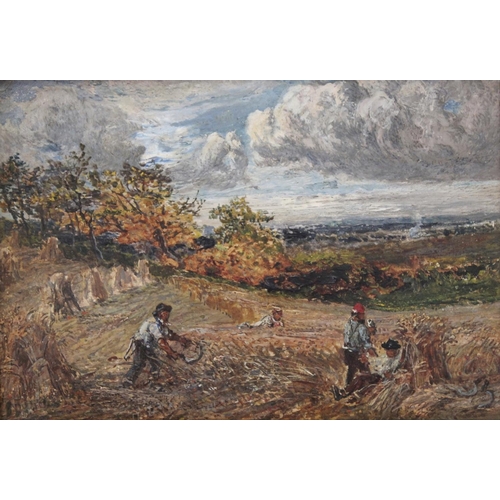 534 - CIRCLE OF JOHN LINNELL (1792-1882) FIELD WORKERS AT HARVEST TIME Oil on board 17 x 24.5cm. ++ Retouc... 