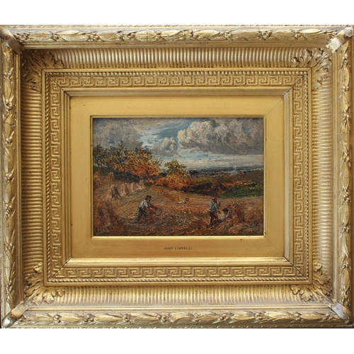 534 - CIRCLE OF JOHN LINNELL (1792-1882) FIELD WORKERS AT HARVEST TIME Oil on board 17 x 24.5cm. ++ Retouc... 