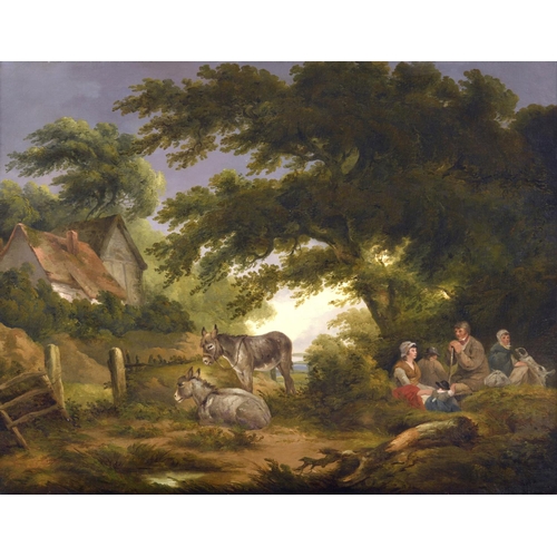 536 - CIRCLE OF GEORGE MORLAND (1763-1804) A RUSTIC FAMILY RESTING UNDER TREES, DONKEYS NEARBY Oil on canv... 