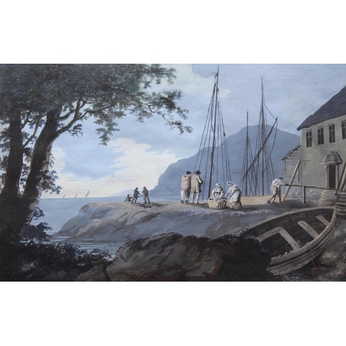 539 - WILLIAM PAYNE (1760-1830) FISHERFOLK BY A COASTAL INLET Gouache 17.5 x 27.5cm.; with another, shore ... 