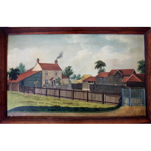 550 - ENGLISH PROVINCIAL SCHOOL, 19th CENTURY A SMALL FARMSTEAD WITH CATTLE IN A PEN Oil on canvas 43 x 72... 