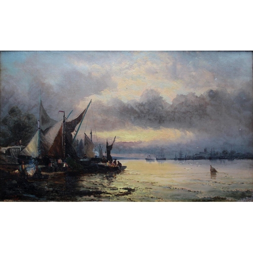 555 - ATTRIBUTED TO WILLIAM THORNLEY (Fl.1858-1898) FISHERFOLK WITH BOATS AT SUNSET Signed indistinctly (e... 