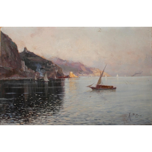 557 - OSCAR RICCIARDI (1864-1935) QUIET MOORINGS, NEAPOLITAN COAST Signed and inscribed Napoli, oil on pan... 