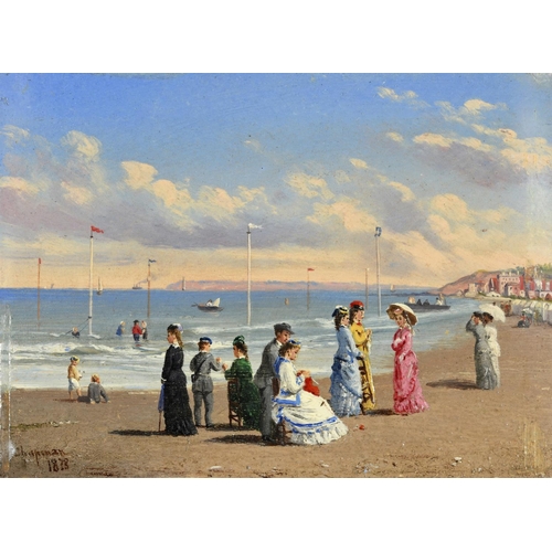 577 - CONRAD WISE CHAPMAN (American, 1842-1910) ELEGANT FIGURES AT THE BEACH (TROUVILLE?) A near pair, bot... 