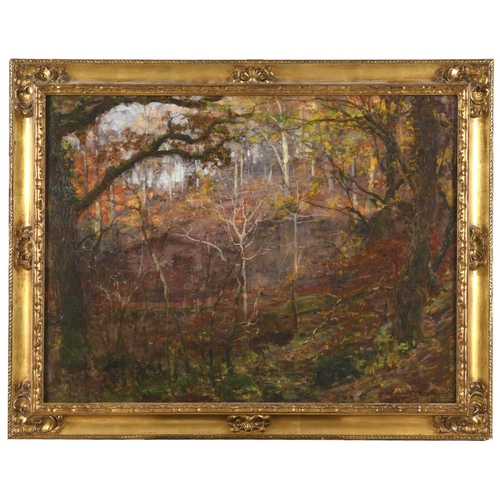 587 - ALEXANDER BROWNLIE DOCHARTY (1862-1940) IN AUTUMN WOODS Signed, also signed and inscribed verso, oil... 