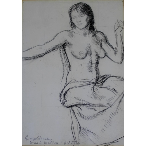 619 - SIR GEORGE CLAUSEN, RA (1852-1944) SEATED NUDE Signed, inscribed to Miss Walden - Oct 1916, charcoal... 