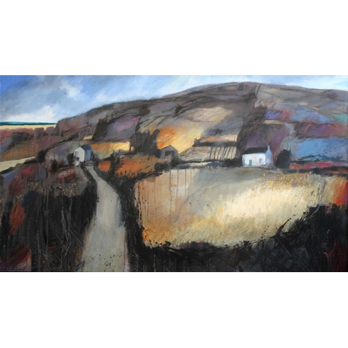 658 - CHARLIE BAIRD (b.1955) FARM COTTAGES ON AN UPLAND ROAD Signed, oil on board 69.5 x 122.5cm. ++ Good... 