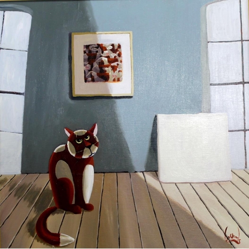 659 - LEE WOODS (b.1964) CAT Signed, acrylic on board 75 x 75.5cm. ++ Good condition