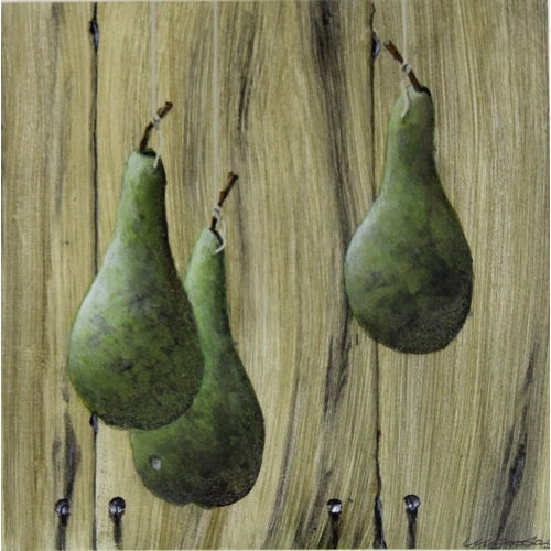 661 - LESLIE GOODAY, OBE (1921-2013) THREE PEARS; PEBBLE Two, both signed, acrylic on card Each 20 x 20cm... 