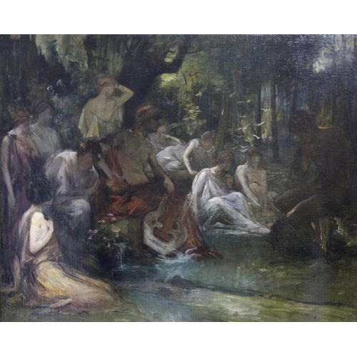 662 - CIRCLE OF DAVID WALLIN (1876-1957) ORPHEUS WITH NYMPHS IN A GLADE Oil and pencil on canvas, unfinish... 