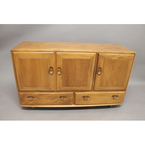 701 - ERCOL SIDEBOARD & DRESSING TABLE MIRROR a light elm sideboard with a two door cupboard and internal ... 