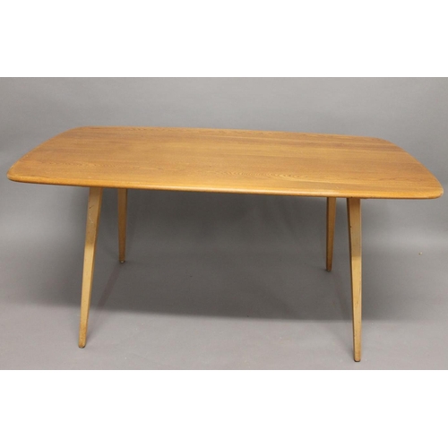 702 - ERCOL DINING TABLE & CHAIRS a light elm and beech dining table with splayed legs (151cms long), also... 