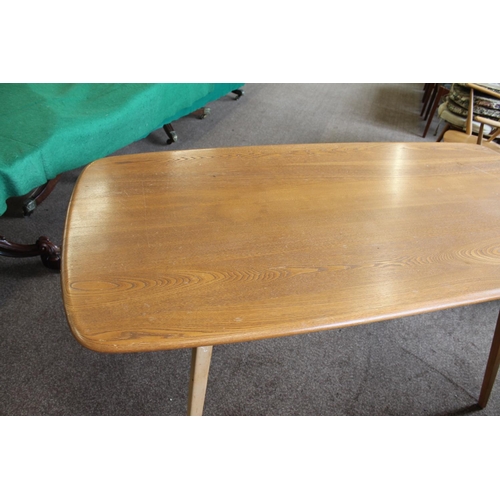 702 - ERCOL DINING TABLE & CHAIRS a light elm and beech dining table with splayed legs (151cms long), also... 