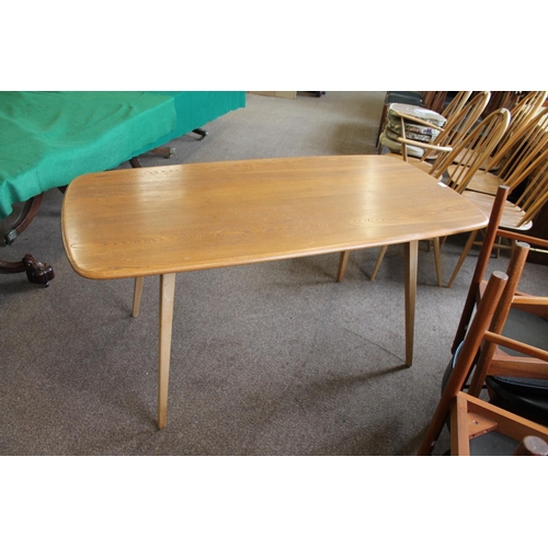 702 - ERCOL DINING TABLE & CHAIRS a light elm and beech dining table with splayed legs (151cms long), also... 