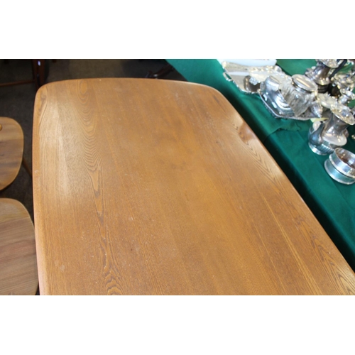 702 - ERCOL DINING TABLE & CHAIRS a light elm and beech dining table with splayed legs (151cms long), also... 