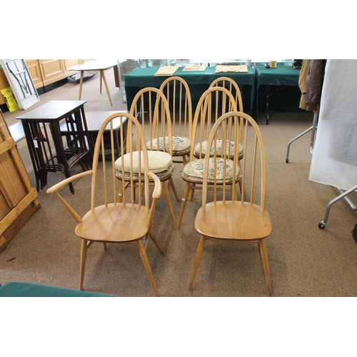 702 - ERCOL DINING TABLE & CHAIRS a light elm and beech dining table with splayed legs (151cms long), also... 