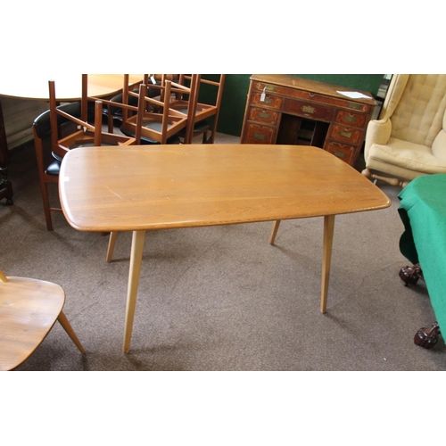 702 - ERCOL DINING TABLE & CHAIRS a light elm and beech dining table with splayed legs (151cms long), also... 