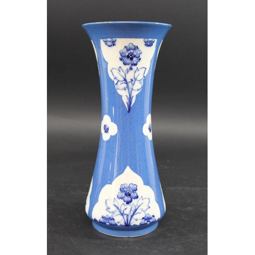 721 - MOORCROFT VASE - FORGET ME NOT a slender vase painted with panels of forget-me-nots on a powder blue... 