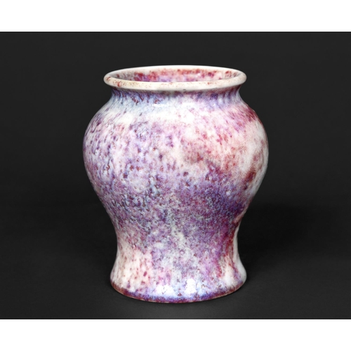 734 - RUSKIN MINIATURE HIGH FIRED VASE a squat miniature vase with a high fired glaze, small firing crack ... 