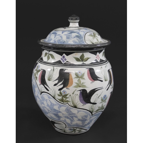 737 - LAURENCE MCGOWAN (B 1942) - STUDIO POTTERY LIDDED JAR a large stoneware lidded jar painted with band... 