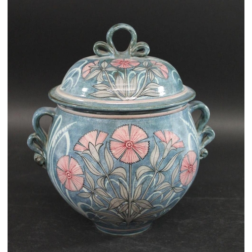 743 - LAURENCE MCGOWAN (B 1942) - LARGE STUDIO POTTERY LIDDED JAR of bulbous form and painted with flowers... 