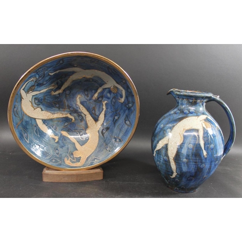 747 - ROBERT GOLDSMITH - SELBORNE POTTERY a large stoneware bowl and matching jug, each painted with figur... 