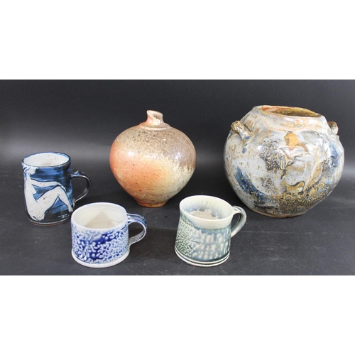 748 - STUDIO POTTERY a mixed lot including a Matthew Blakely wood fired globular vase with small neck (20c... 