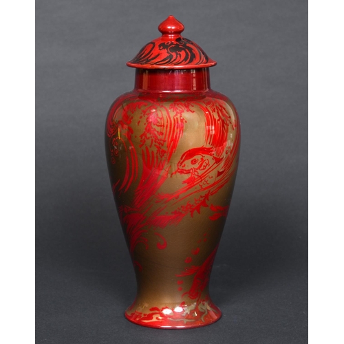 766 - BERNARD MOORE LIDDED LUSTRE VASE a large red lustre vase of tapering form designed with stylised fis... 