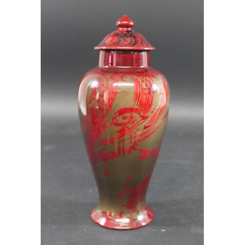 766 - BERNARD MOORE LIDDED LUSTRE VASE a large red lustre vase of tapering form designed with stylised fis... 