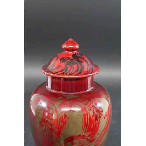 766 - BERNARD MOORE LIDDED LUSTRE VASE a large red lustre vase of tapering form designed with stylised fis... 