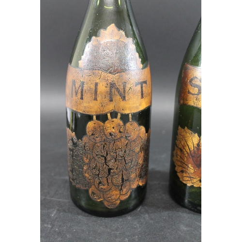 825 - PAIR OF EARLY GLASS BOTTLES - MINT & SHRUB two 19thc green glass bottles, with original labelling fo... 