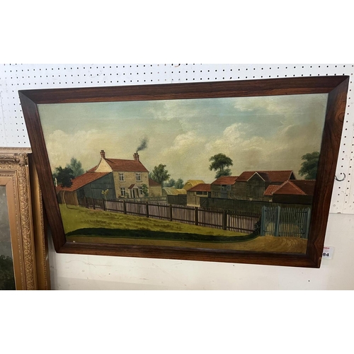 184 - ENGLISH PROVINCIAL SCHOOL, 19th CENTURY A SMALL FARMSTEAD WITH CATTLE IN A PEN Oil on canvas 43 x 72... 