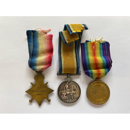 100 - A FIRST WORLD WAR TRIO TO THE YORKSHIRE REGIMENT. A Great War Trio comprising 1914-15 Star named to ... 