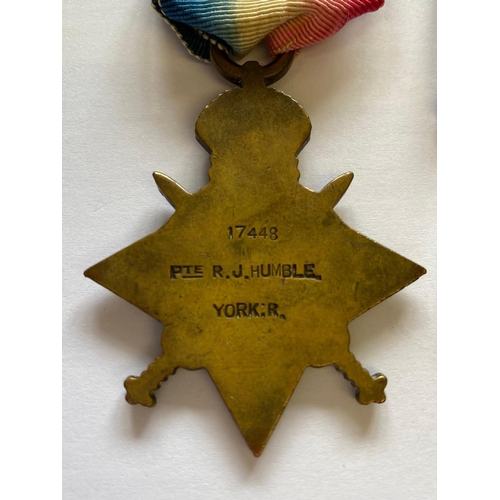 100 - A FIRST WORLD WAR TRIO TO THE YORKSHIRE REGIMENT. A Great War Trio comprising 1914-15 Star named to ... 