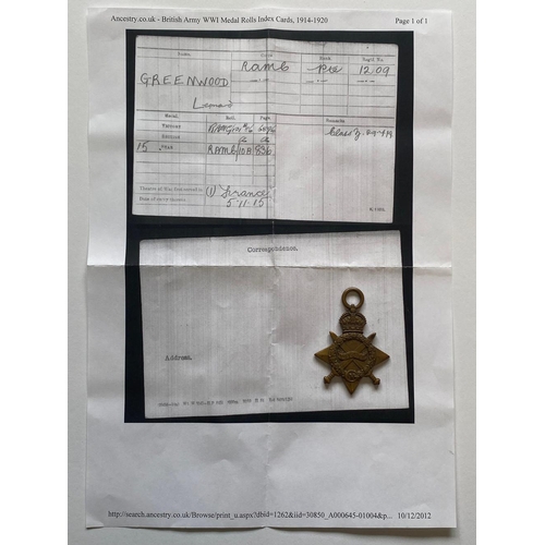 121 - A 1914-15 STAR TO THE MEDICAL CORPS. A 1914-15 Star named to 1209 Pte L. Greenwood R.A.M.C. Leonard ... 