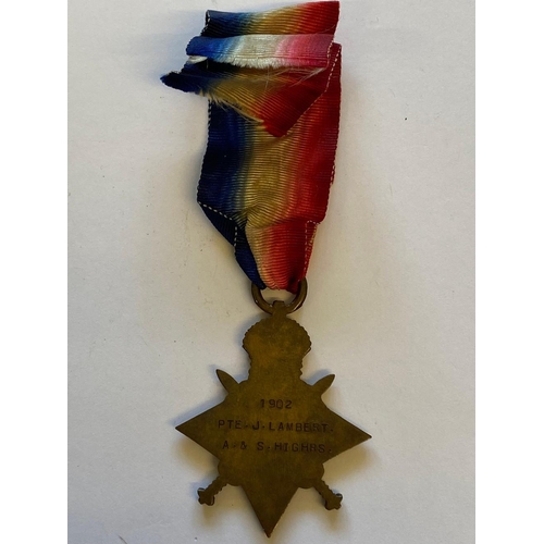 13 - A 1914-15 STAR TO THE ARGYLL AND SUTHERLAND HIGHLANDERS. A 1914-15 Star named to 1902 Pte J.Lambert ... 