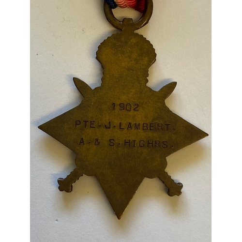 13 - A 1914-15 STAR TO THE ARGYLL AND SUTHERLAND HIGHLANDERS. A 1914-15 Star named to 1902 Pte J.Lambert ... 