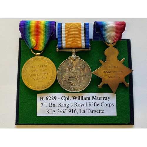 132 - A FIRST WORLD WAR TRIO AND MEMORIAL PLAQUE TO THE KING'S ROYAL RIFLE COMPANY. A Great War Trio compr... 