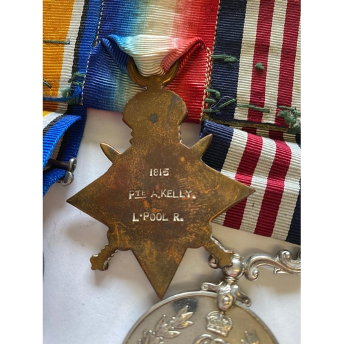 161 - A MILITARY MEDAL AND TRIO TO THE LIVERPOOL REGIMENT. A Great War group of four comprising Military M... 