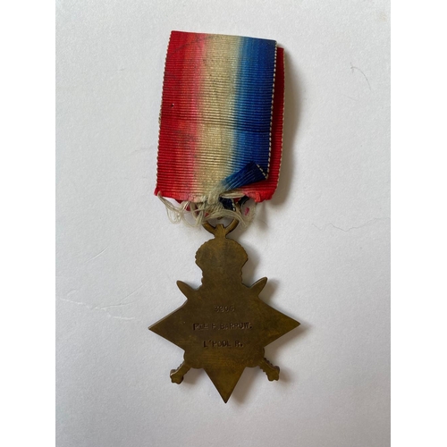 172 - A 1914-1915 STAR TO THE LIVERPOOL REGIMENT. A 1914-15 Star named to 3905 Pte F. Barrow L'Pool R. Fra... 