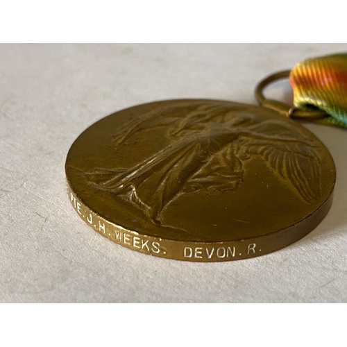 192 - A FIRST WORLD WAR VICTORY MEDAL TO THE DEVON REGIMENT. A Victory Medal named to 20678 Pte J.H. Weeks... 