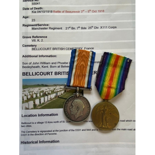 228 - A FIRST WORLD WAR CASUALTY PAIR TO THE MANCHESTER REGIMENT. A Great War pair comprising War Medal an... 