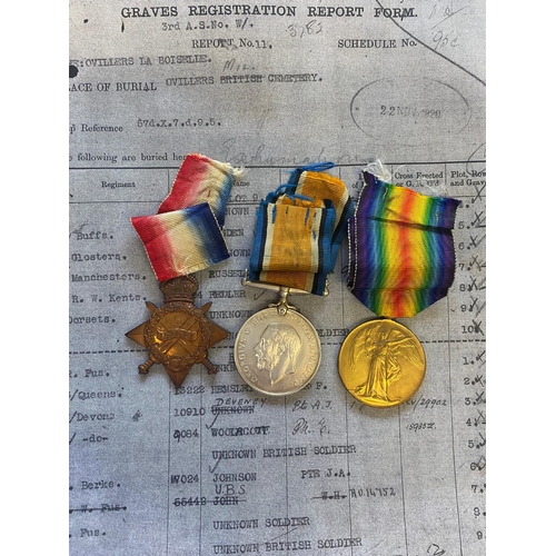 247 - A FIRST WORLD WAR CASUALTY TRIO TO THE BUFFS. A Great War Trio comprising 1914-15 Star named to G-57... 