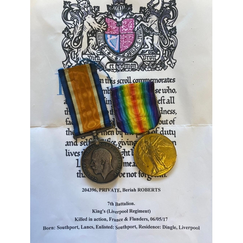 257 - A FIRST WORLD WAR CASUALTY PAIR TO THE LIVERPOOL REGIMENT. A Great War pair comprising War Medal and... 