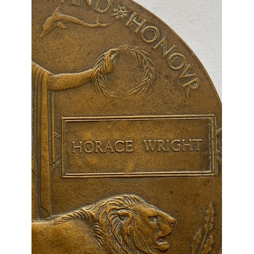 268 - A FIRST WORLD WAR MEMORIAL PLAQUE TO HORACE WRIGHT. The Commonwealth War Graves suggest seven possib... 