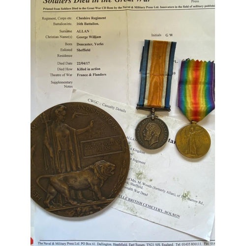 289 - A FIRST WORLD WAR PAIR AND MEMORIAL PLAQUE TO THE CHESHIRE BANTAMS. A Great War comprising War Medal... 