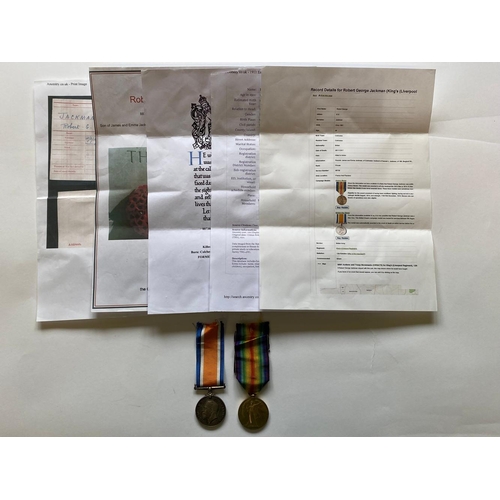 297 - A FIRST WORLD WAR CASUALTY PAIR TO THE LIVERPOOL REGIMENT. A Great War pair comprising War Medal and... 