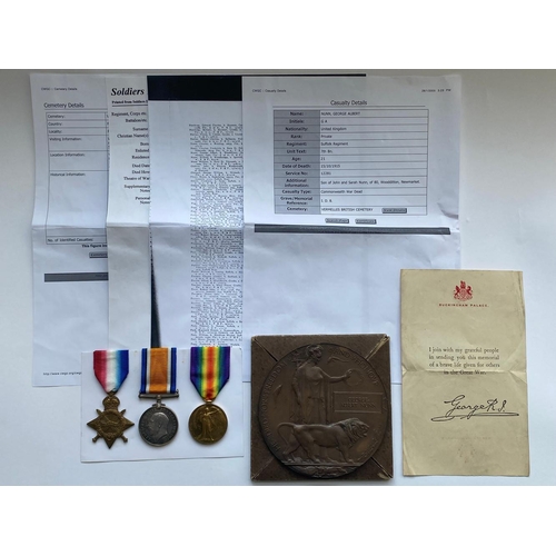 298 - A FIRST WORLD WAR CASUALTY TRIO AND PLAQUE TO THE SUFFOLK REGIMENT. A Great War Trio Comprising 1914... 